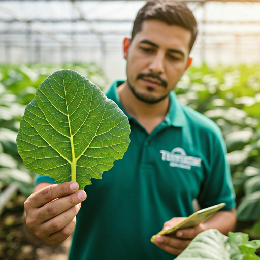 Agrónomo de Terramar evaluando una hoja sana en campo